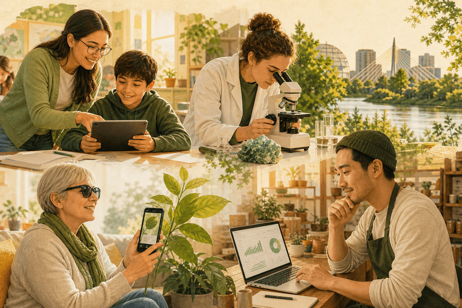 People using AI-supported tools for learning, research, plant care, and small business work in a warm green setting.
