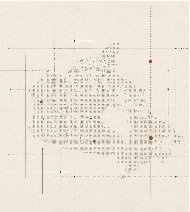 Abstract dotted map of Canada with restrained data signal marks.